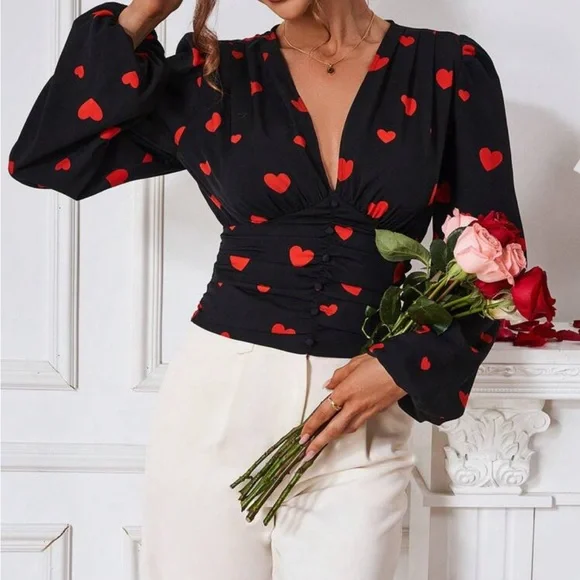 Plunge V-Neck Pleated Smocked Waist Button Lantern Sleeve Top Blouse Black - Picture 7 of 11